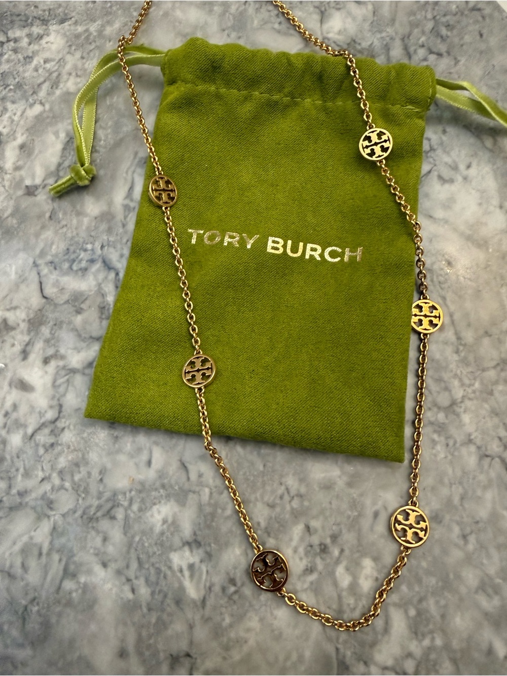Tory Burch Gold Logo Station Necklace with Green Pouch